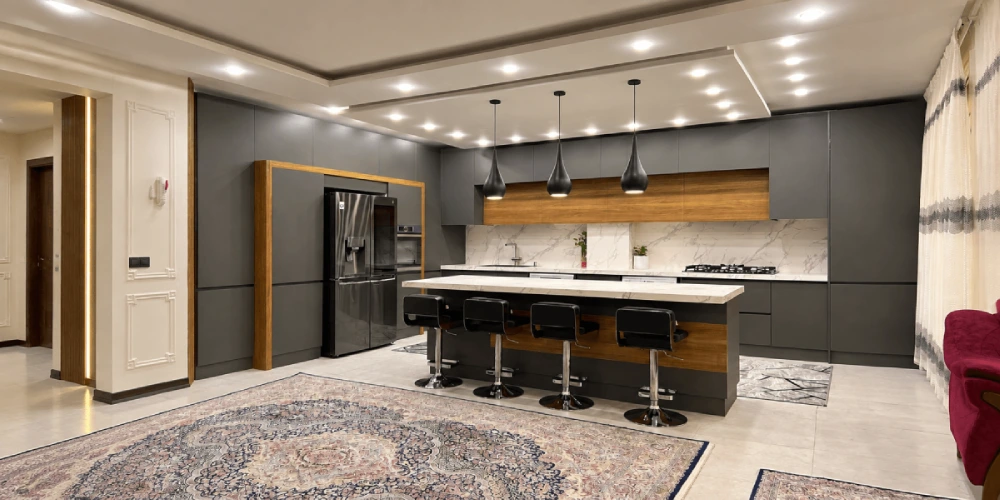 کابینت دوپله مدرن رنگ چوب و طوسی ال شکل